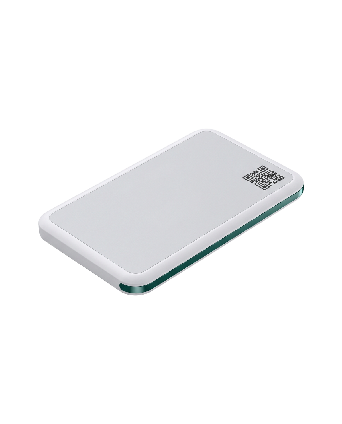 3D render of the SPORBRIK label showing its slim profile, teal accent edge, and printed QR code